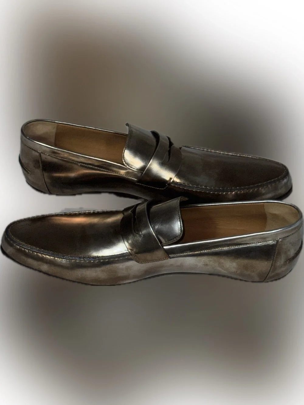 Gucci Bronze Mirror Leather Penny Loafers Dress Shoes 10.5 D Italy NWT